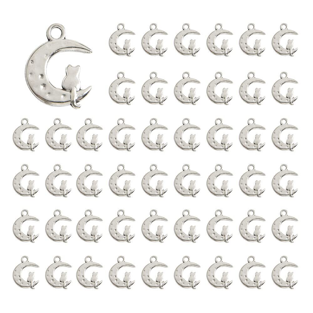 3996 50 PCS Tibetan Silver Plated Moon Cat Charms Pendants for Bracelet